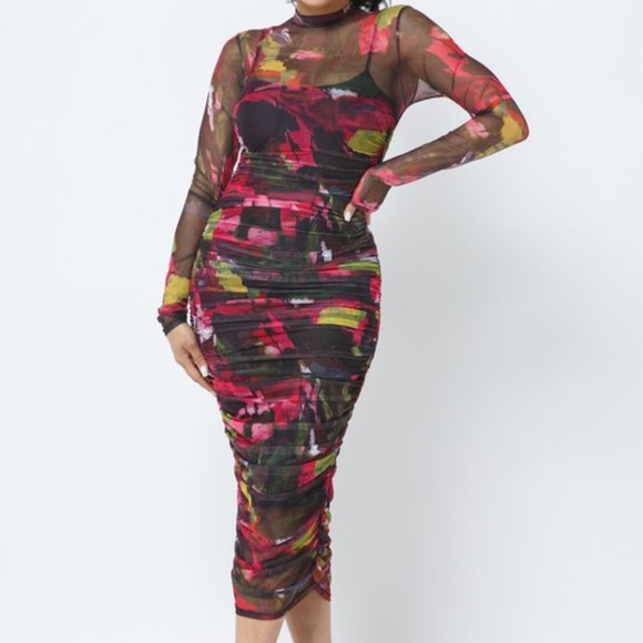 Mock neck print Midi dress w/ruched mesh details - Picture 7 of 8